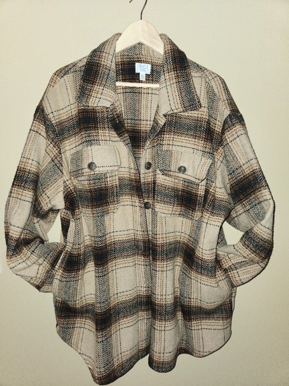 Time and Tru Women's Plaid Shacket Jacket XXXL 3XL 22 Cream Brown Flannel Shirt